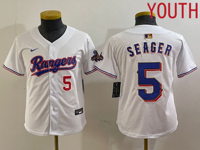 Youth Texas Rangers #5 Seager White Champion Game Nike 2024 MLB Jersey style 2